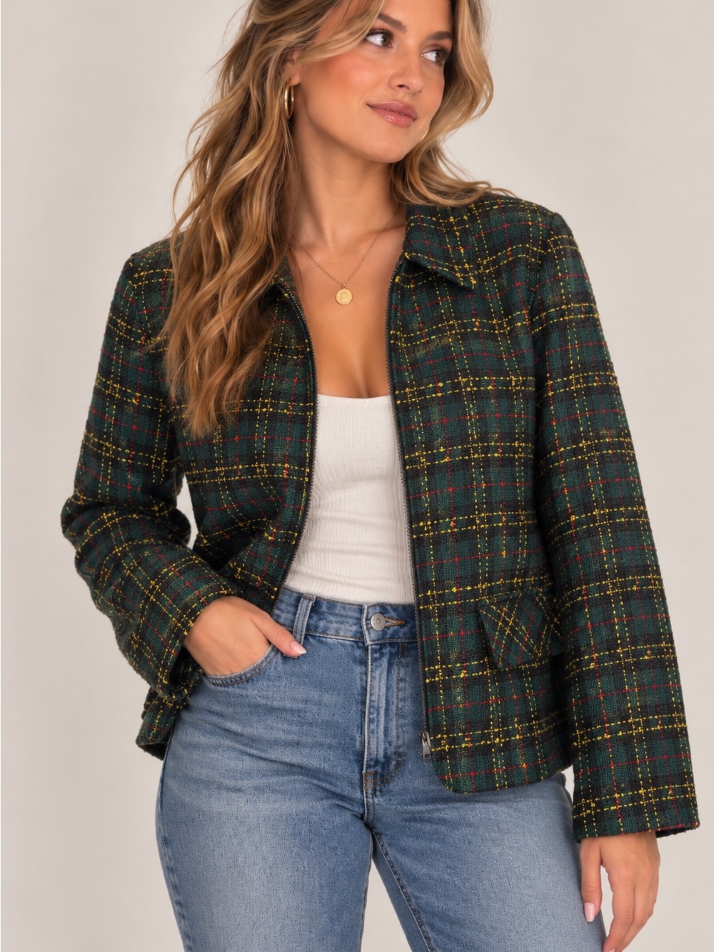 Vintage Sag Harbor Plaid Zip Up Blazer Green Plaid Womens Size 16